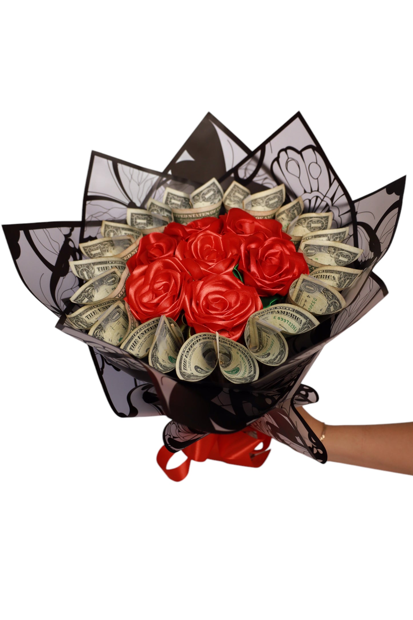 Arreglo de rosas eternas con dinero