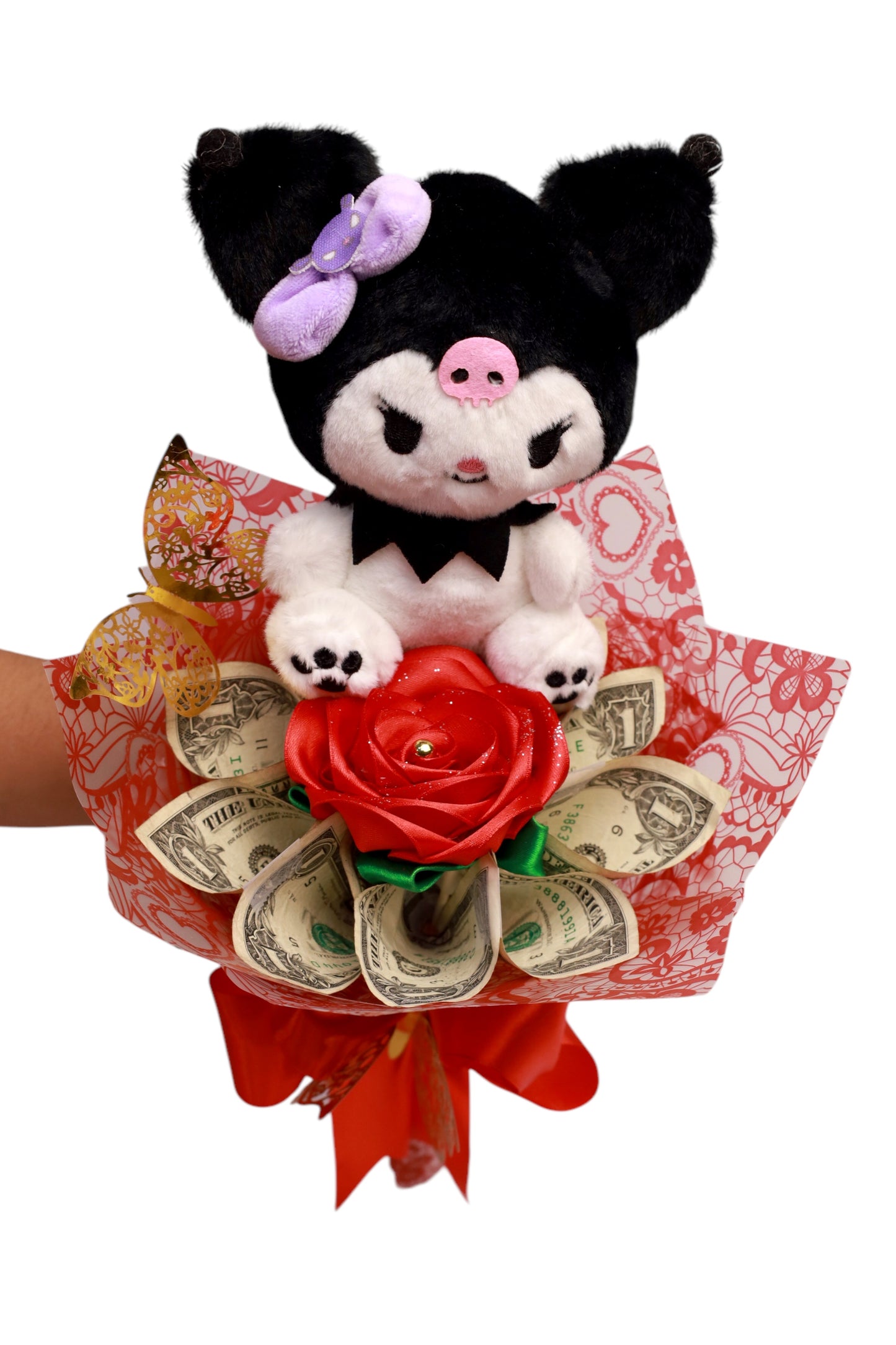 Arreglo de rosas eternas, peluche y dinero
