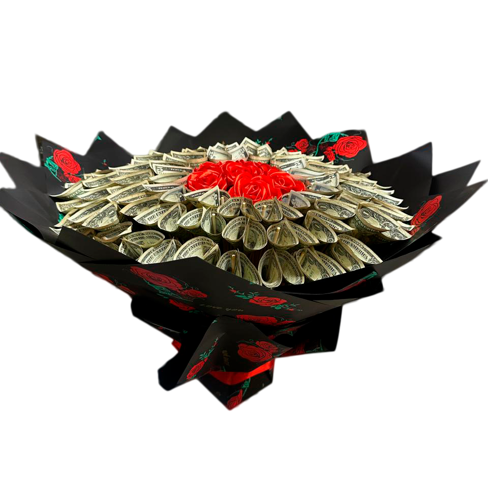 Arreglo de dinero con rosas eternas. (rosas artificiales de tela)