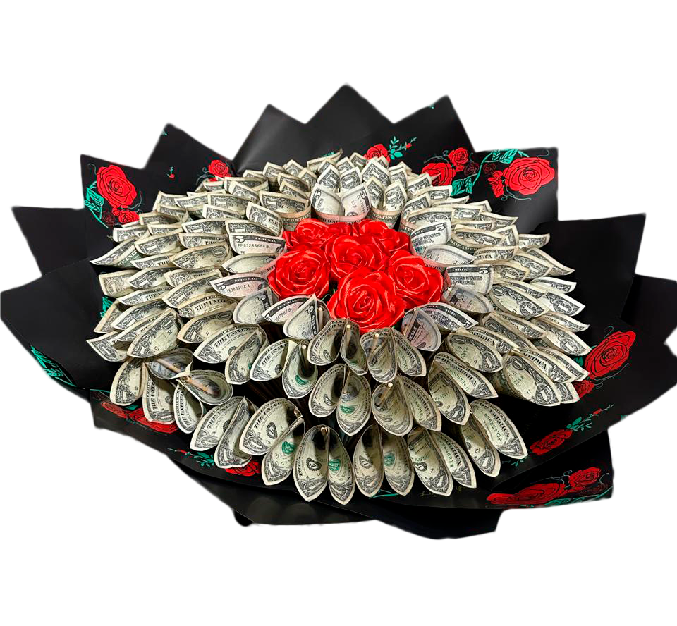Arreglo de dinero con rosas eternas. (rosas artificiales de tela)