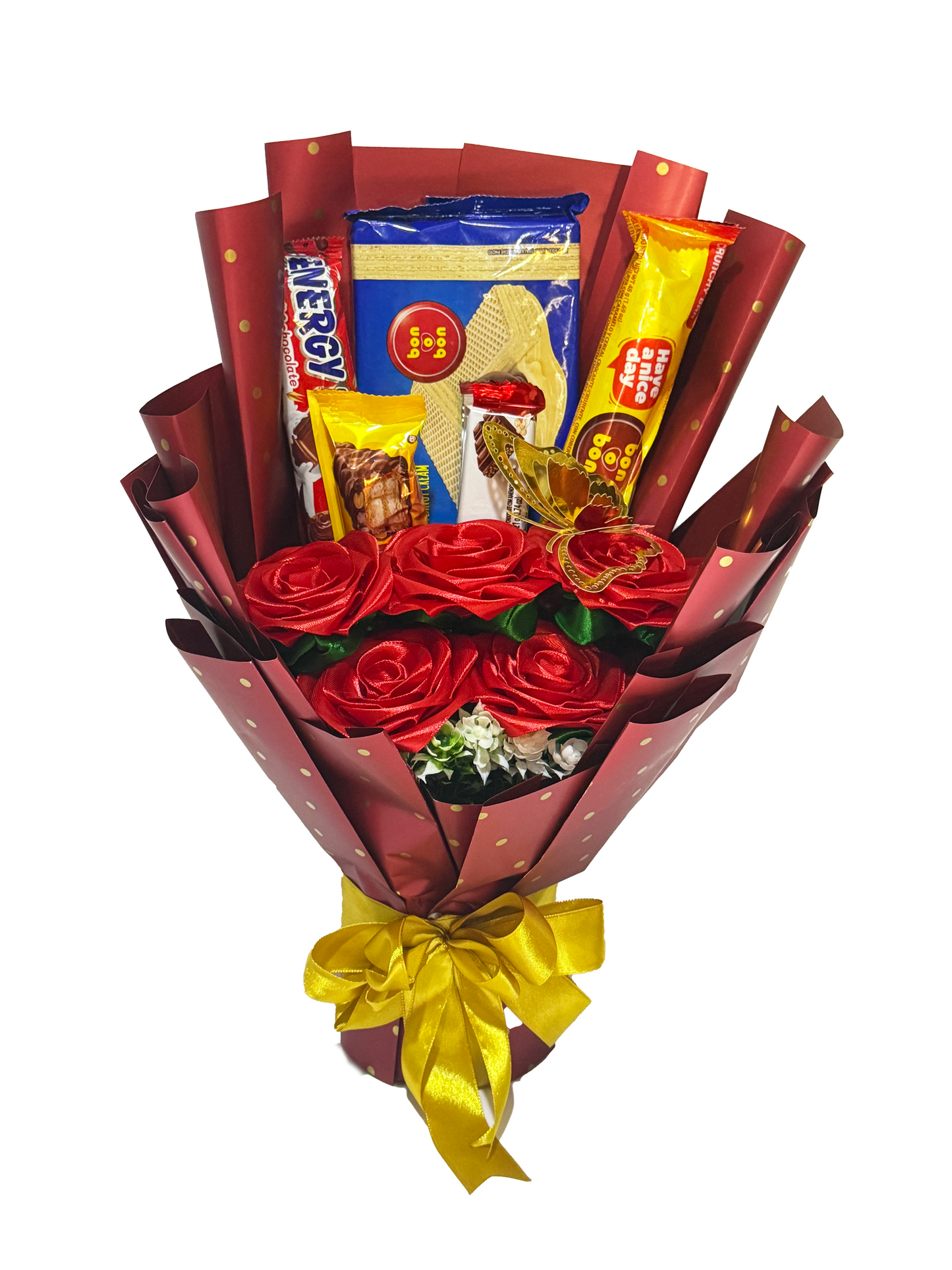 Arreglo de chocolates y rosas eternas de tela