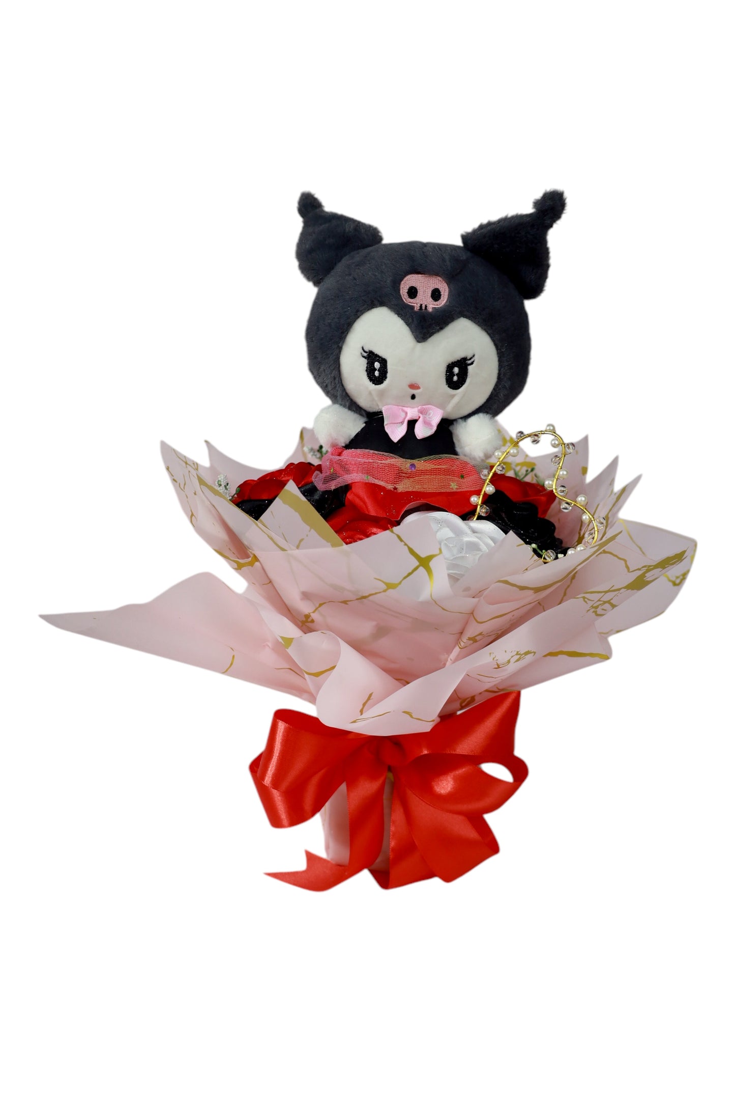 Arreglo de kuromi y rosas eternas (rosas artificiales de tela)