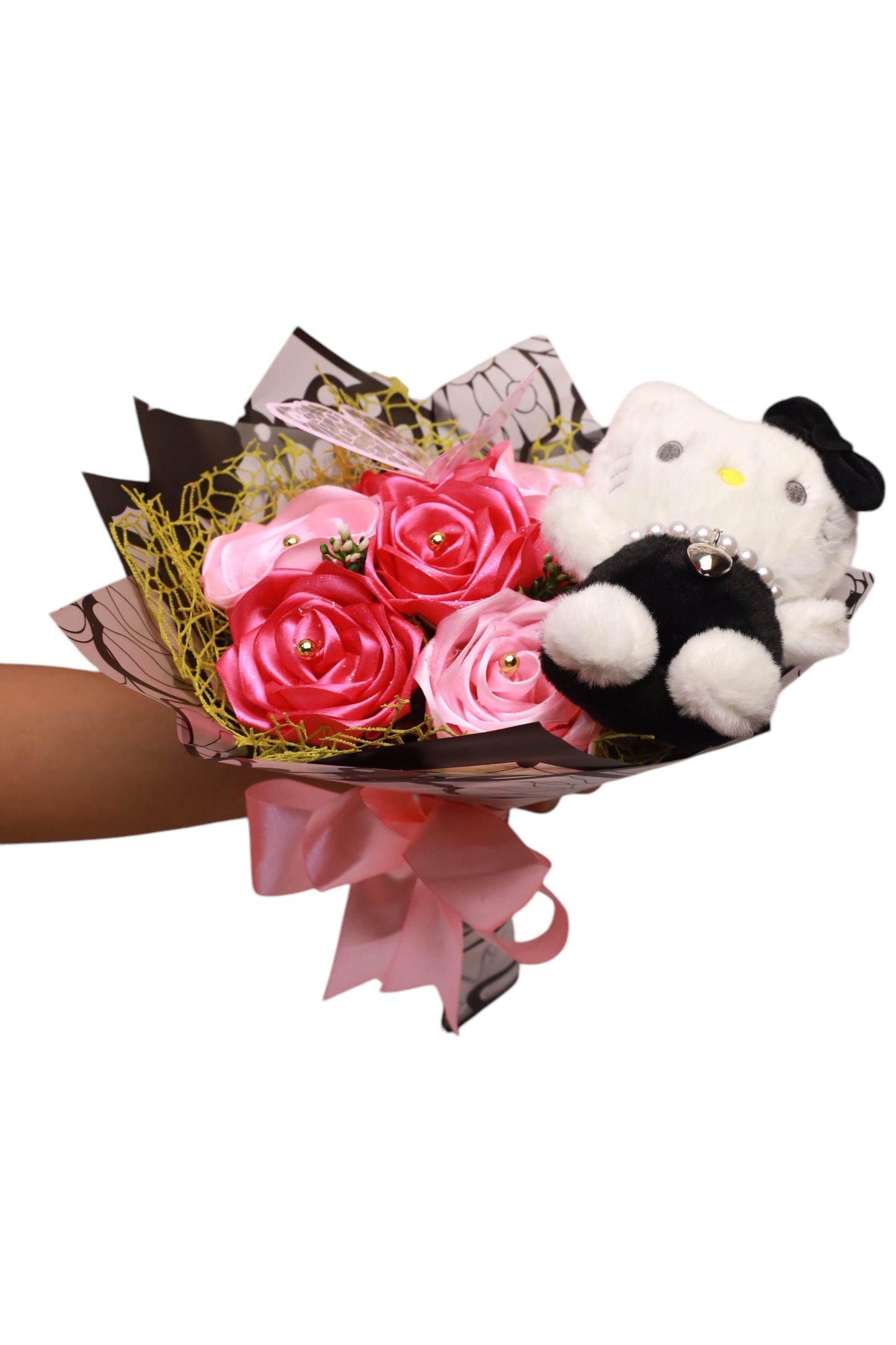 Arreglo de peluche con rosas eternas de liston