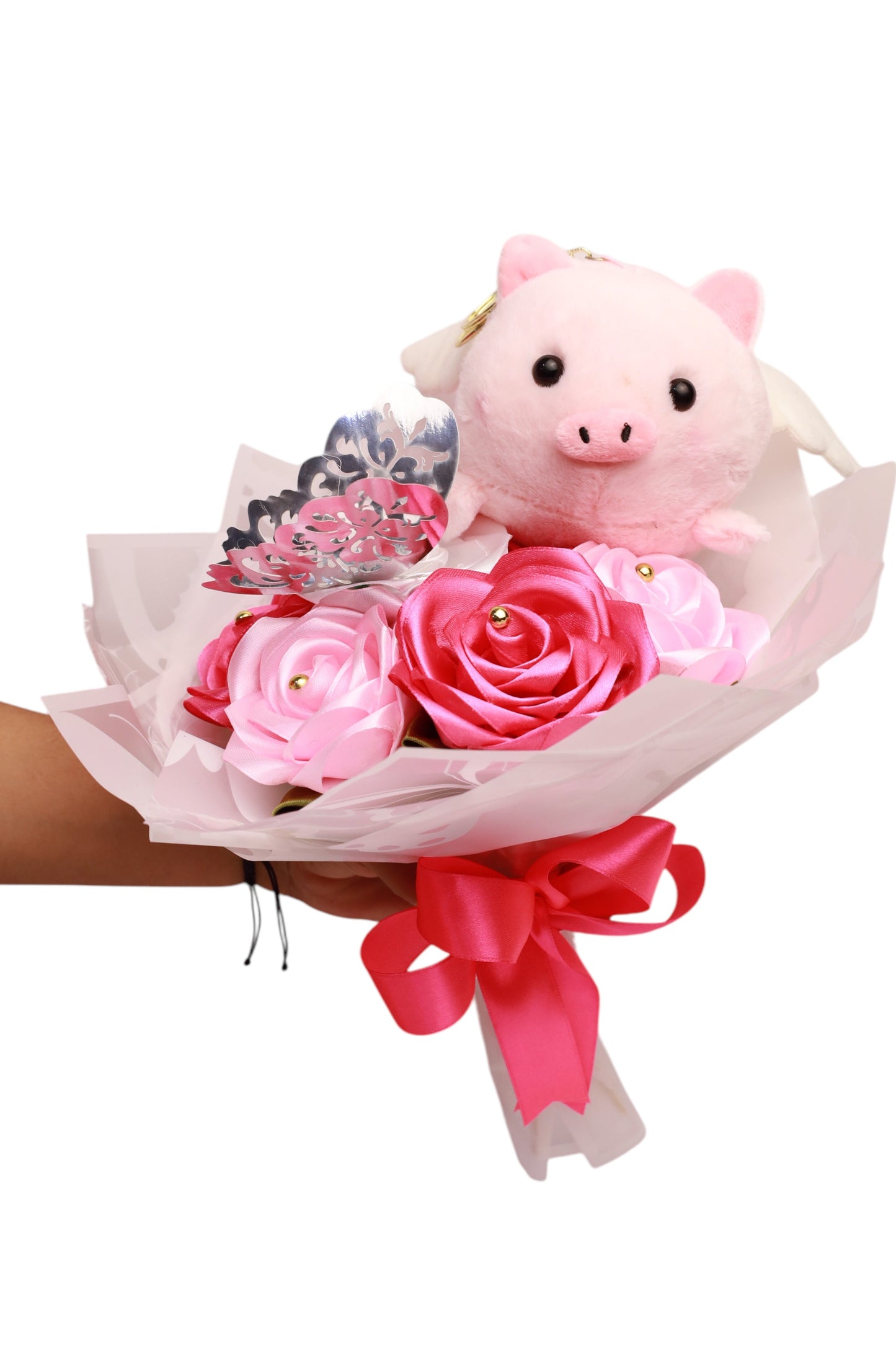 Arreglo de rosas eternas y peluche
