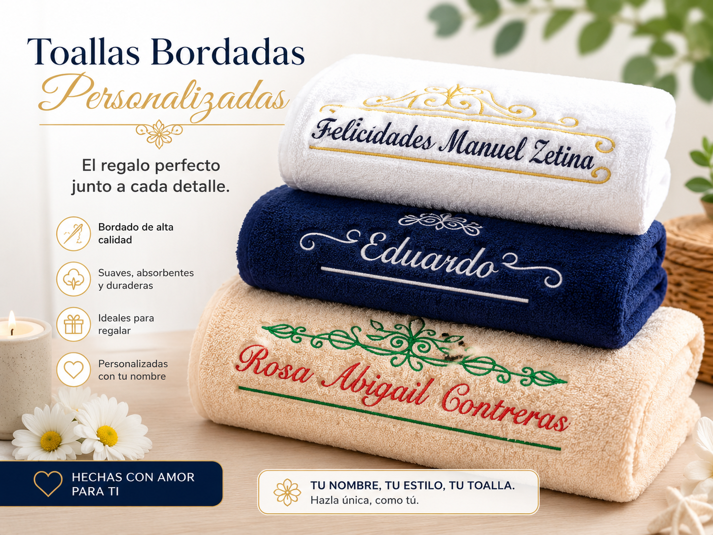 Toalla de baño majestic con dedicatoria bordada