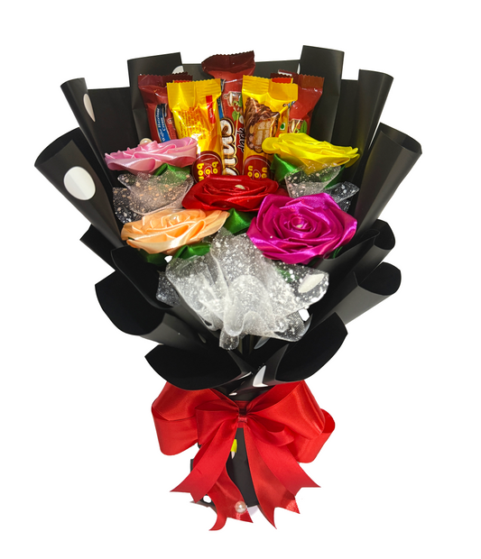 Arreglo de rosas eternas de listón de tela y chocolates