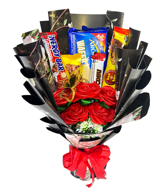 Arreglo de rosas de tela con galletas